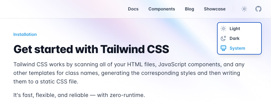 3 theme options (dark/light/system) - tailwind css 공식 홈페이지